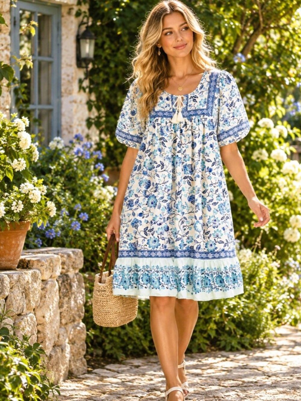 Old Navy Sz XL Cute Babydoll Blue Blossoms Floral Mixed Print Relax Fit Dress